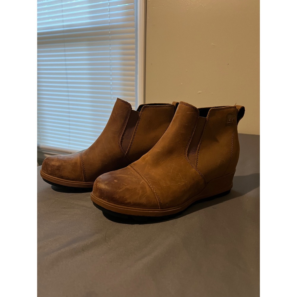 Sorel Evie Chelsea Waterproof Leather Wedge Ankle Boots Brown Womens 8 - Picture 2 of 8